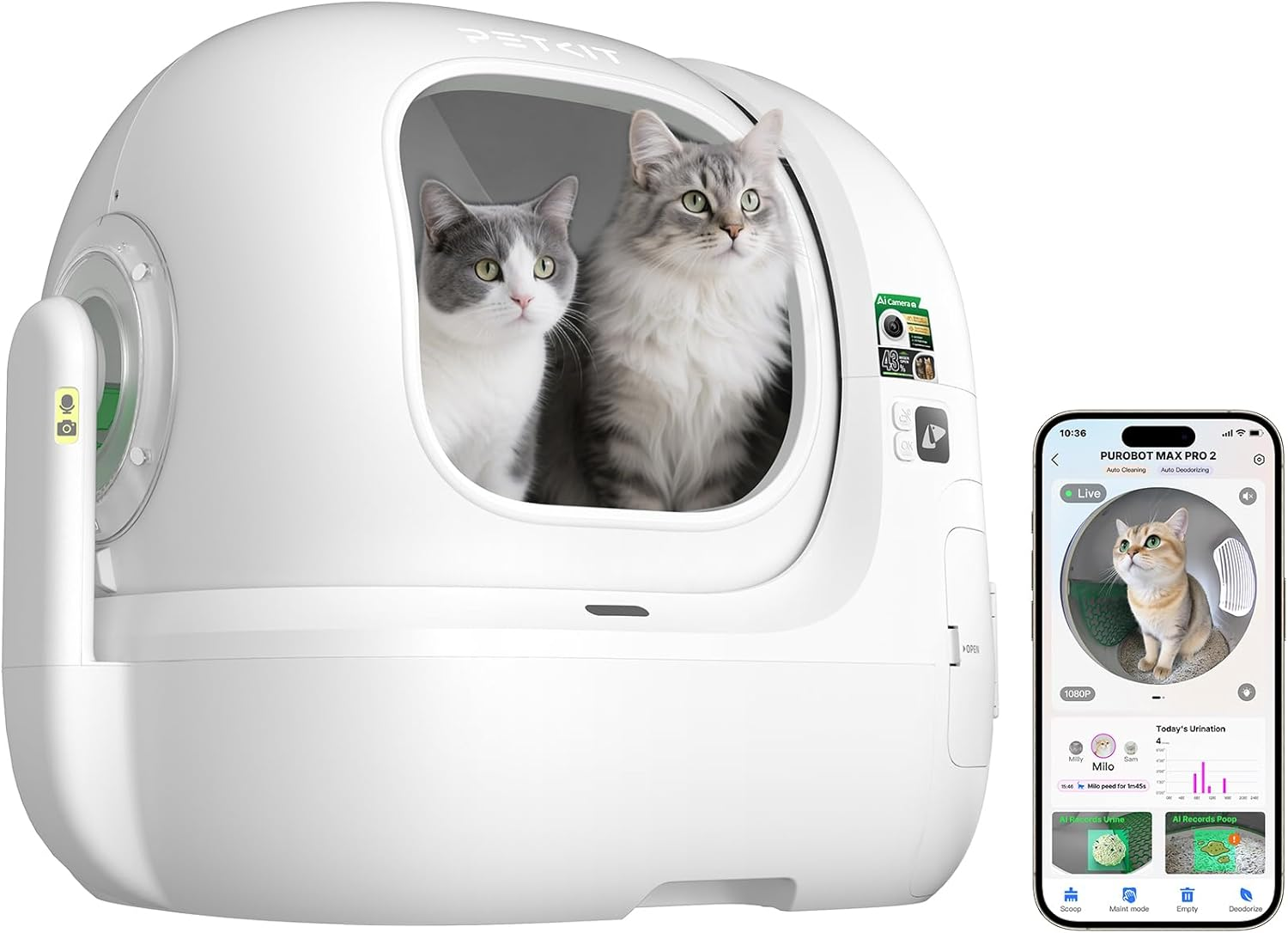 PETKIT ▫️ PUROBOT MAX Pro 2 Caixa de areia para gatos com auto-limpeza, entrada maior, câmara AI, caixa de areia para gatos com auto-limpeza, WiFi 2.4G e 5G, rastreio sanitário, eliminação de odores, 76L, para vários gatos