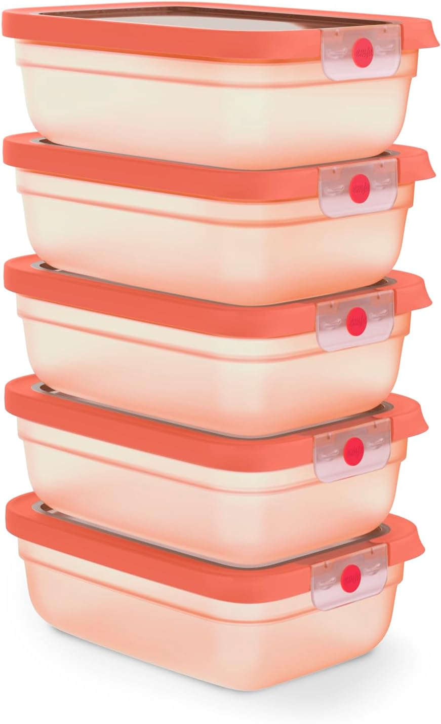 Emsa ▫️ oneClick, Recipiente de armazenamento de alimentos, One-Click, abre e fecha sem esforço, 2 vezes mais fresco, 100% hermético, empilhável, Conjunto de 5 peças Laranja, 5X 1,20L, N1231800