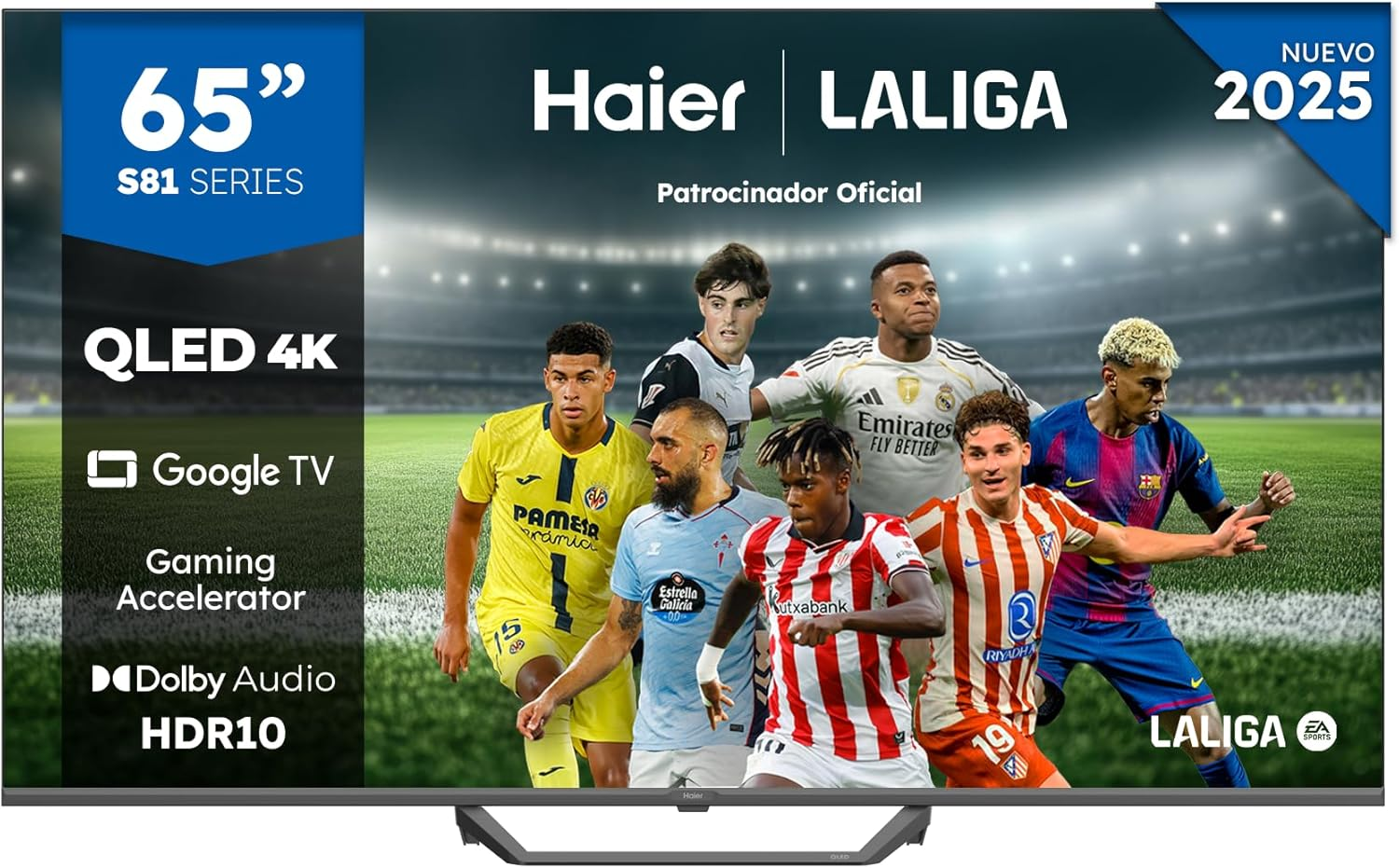 Haier ▫️ QLED 4K UHD H65S81FUX - 65", Smart TV, Google TV, Dolby Audio, HDR 10, Controlo remoto inteligente, Assistente Google, Bluetooth 5.1, Jogos a 120 Hz, USB 2.0, DBX TV, HDMI 2.1 x 4, Sem moldura, 2025