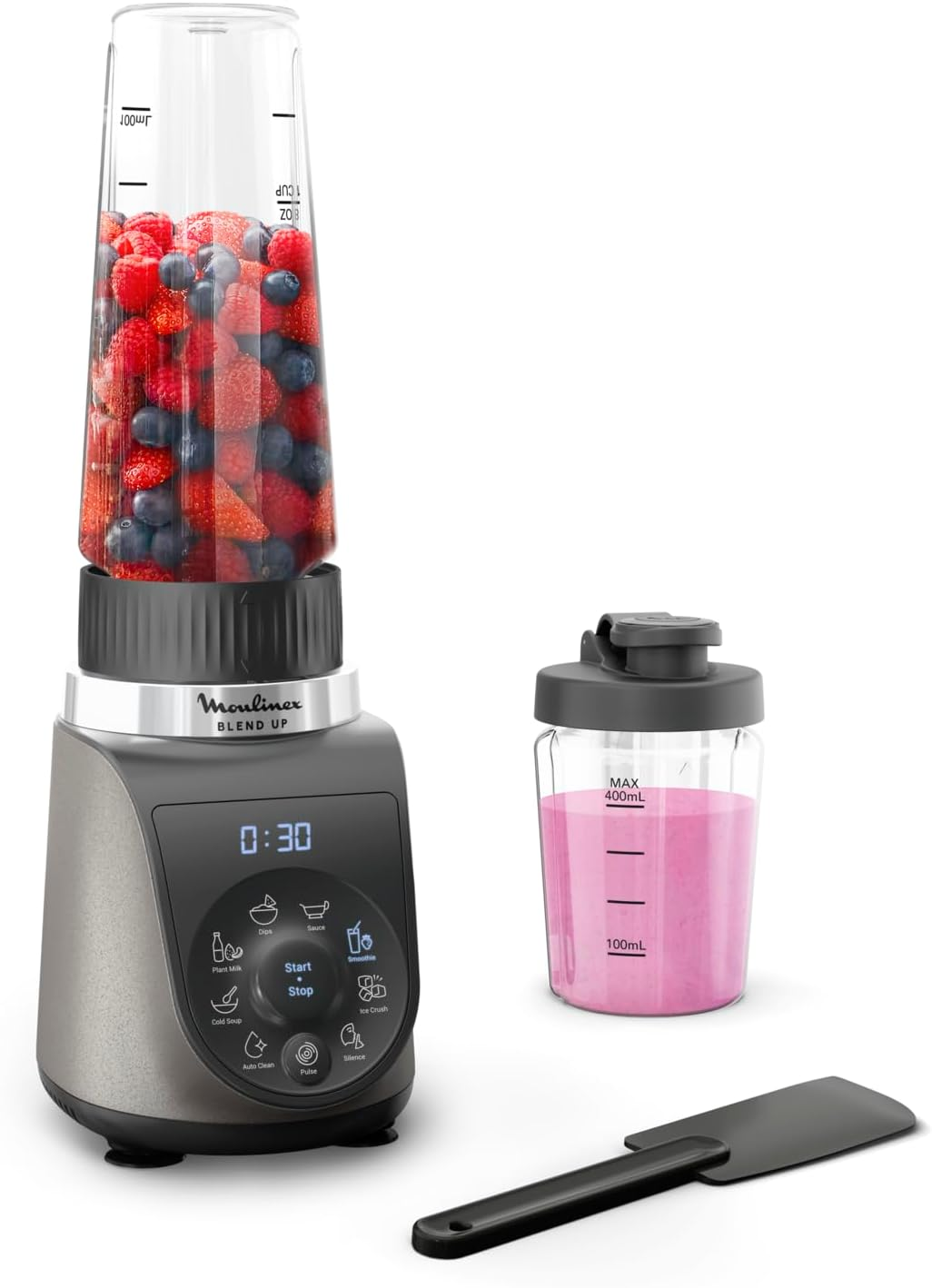 Moulinex ▫️ Blend Up, liquidificador pessoal potente de 1000 watts, 8 programas automáticos, corta gelo, ideal para batidos, smoothies e bebidas saudáveis, jarro robusto, inclui espátula, cinzento, LM19JEF0