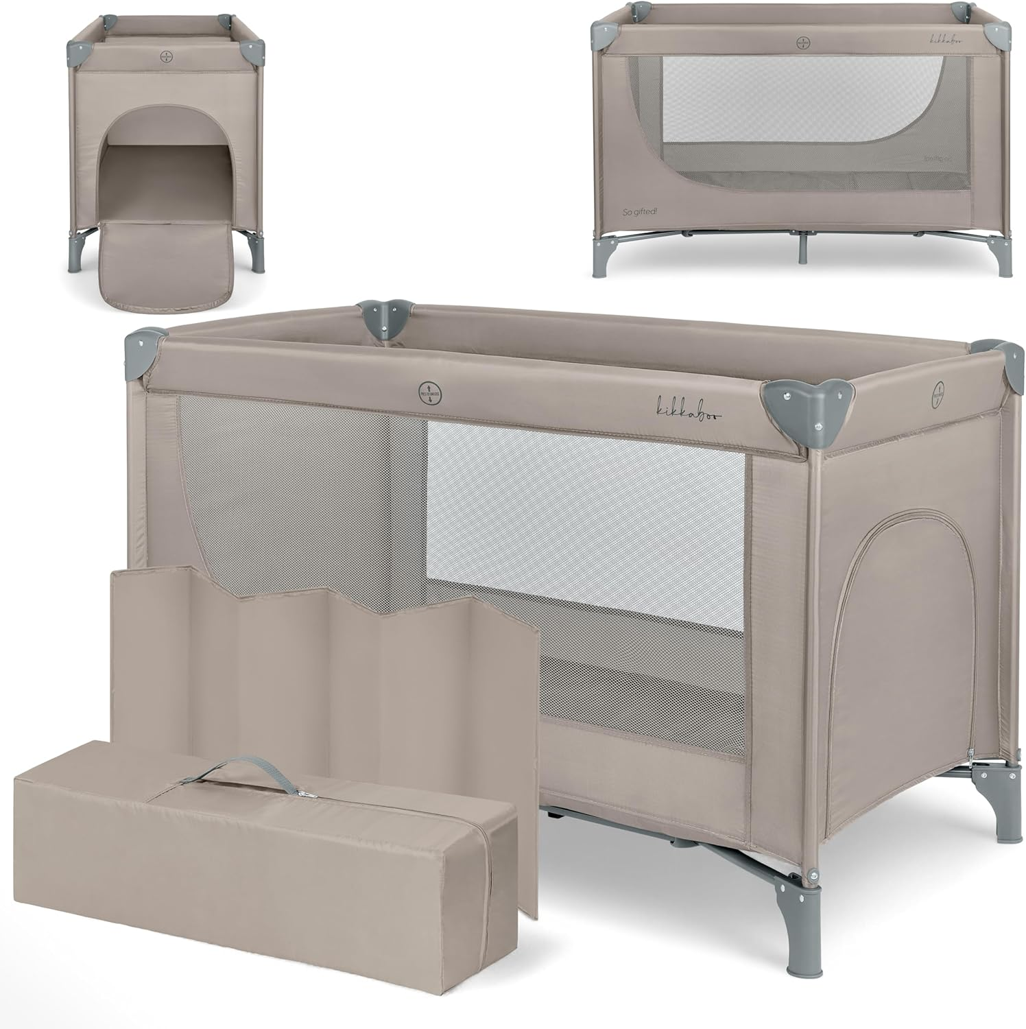 kikka boo ▫️ KikkaBoo SO Gifted Travel Cot 2026, berço de bebé 120x60 cm até 15 kg, parque infantil dobrável com saco de transporte, leve e compacto, bege