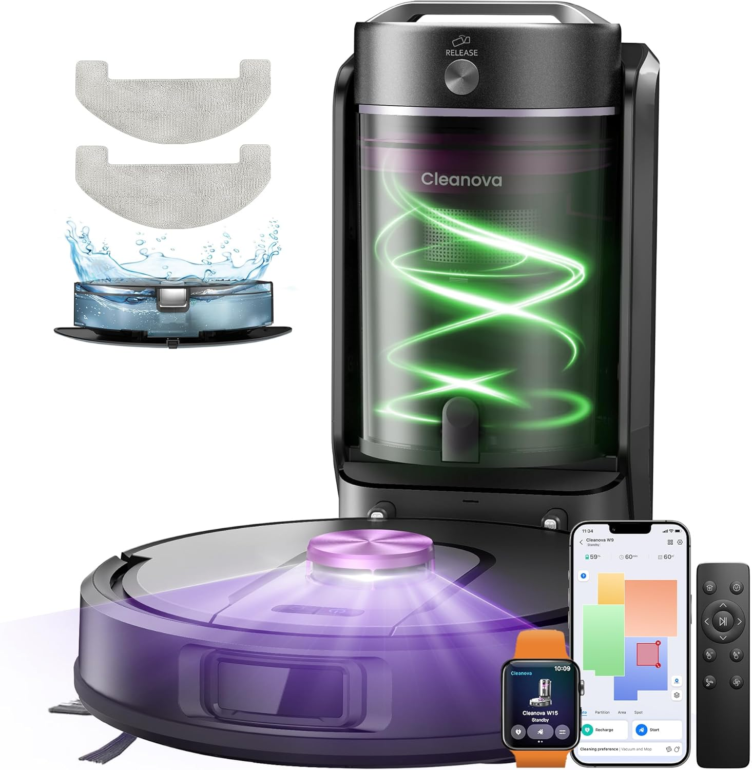 Vexilar ▫️ Aspirador e esfregona robô W15 10000Pa, aspirador robô com 5 mapas inteligentes, sistema de navegação a laser, autonomia de 180 minutos, base auto-esvaziante sem saco 4L, para pavimentos/carpetes/partículas