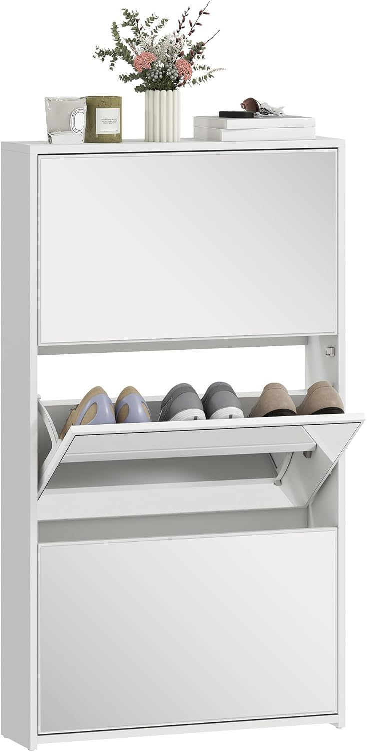 HOMCOM ▫️ Sapateira 3 Portas com Espelho, Sapateira Hall de Entrada, para 9 Pares de Sapatos, para Corredor, Espaços Pequenos, 65x17x114,5 cm, Branco